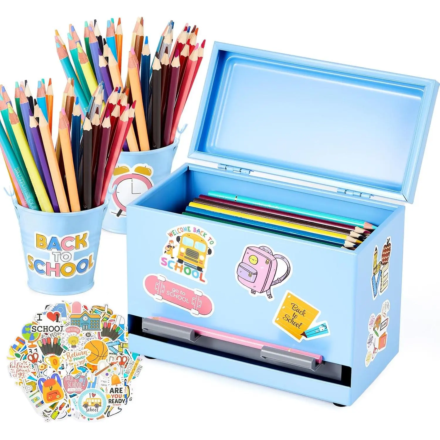 3-Pack Compact Stainless Steel Pencil Dispensing Desk Holder, Light Blue - Multi-Use Office Stationery Organizer with Stickers for Classroom Students