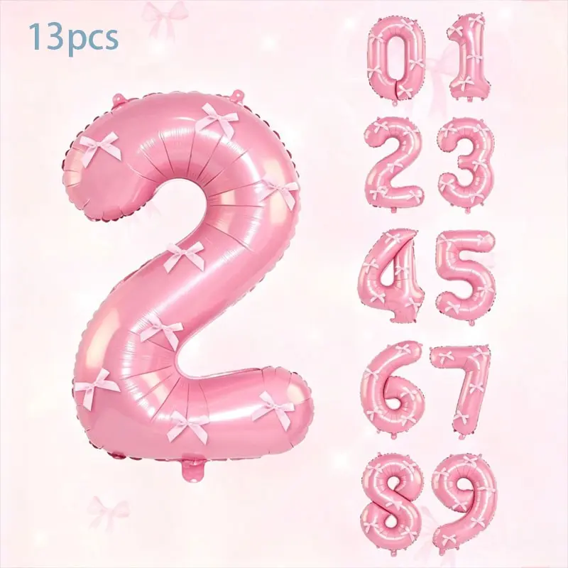 13-piece pink bow-shaped digital aluminum foil balloon set, 32-Inch Number Balloons,Pink bow accessory，Suitable for baby girl’s first birthday/celebration backdrops, princess-themed party backdrops, anniversary surprise decorations