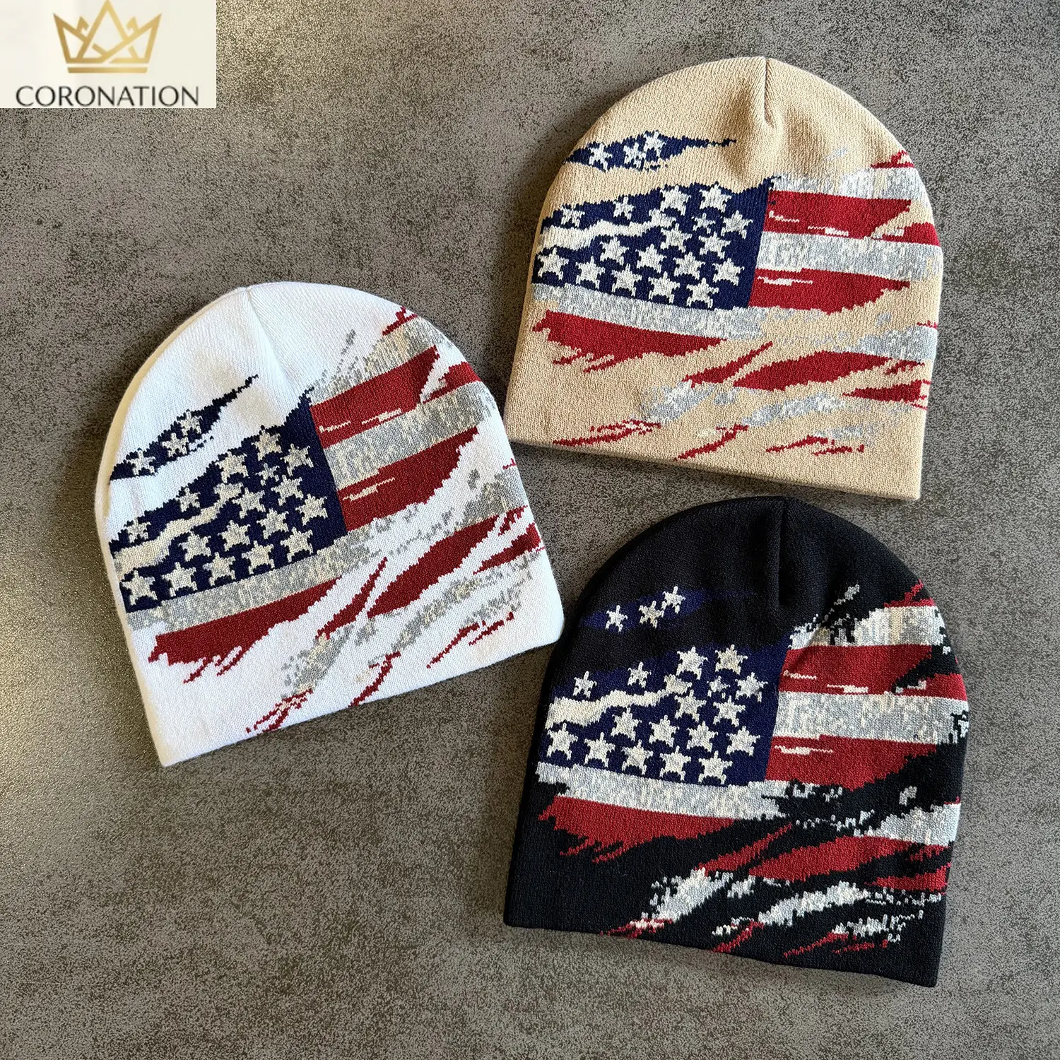 Vintage Jacquard Knit Beanie Hat, Unisex American Flag Motif Winter Cap with Star Graphic, Soft Warm Cap with a Stretchy Fit for Cold Weather, Knitted Fabric