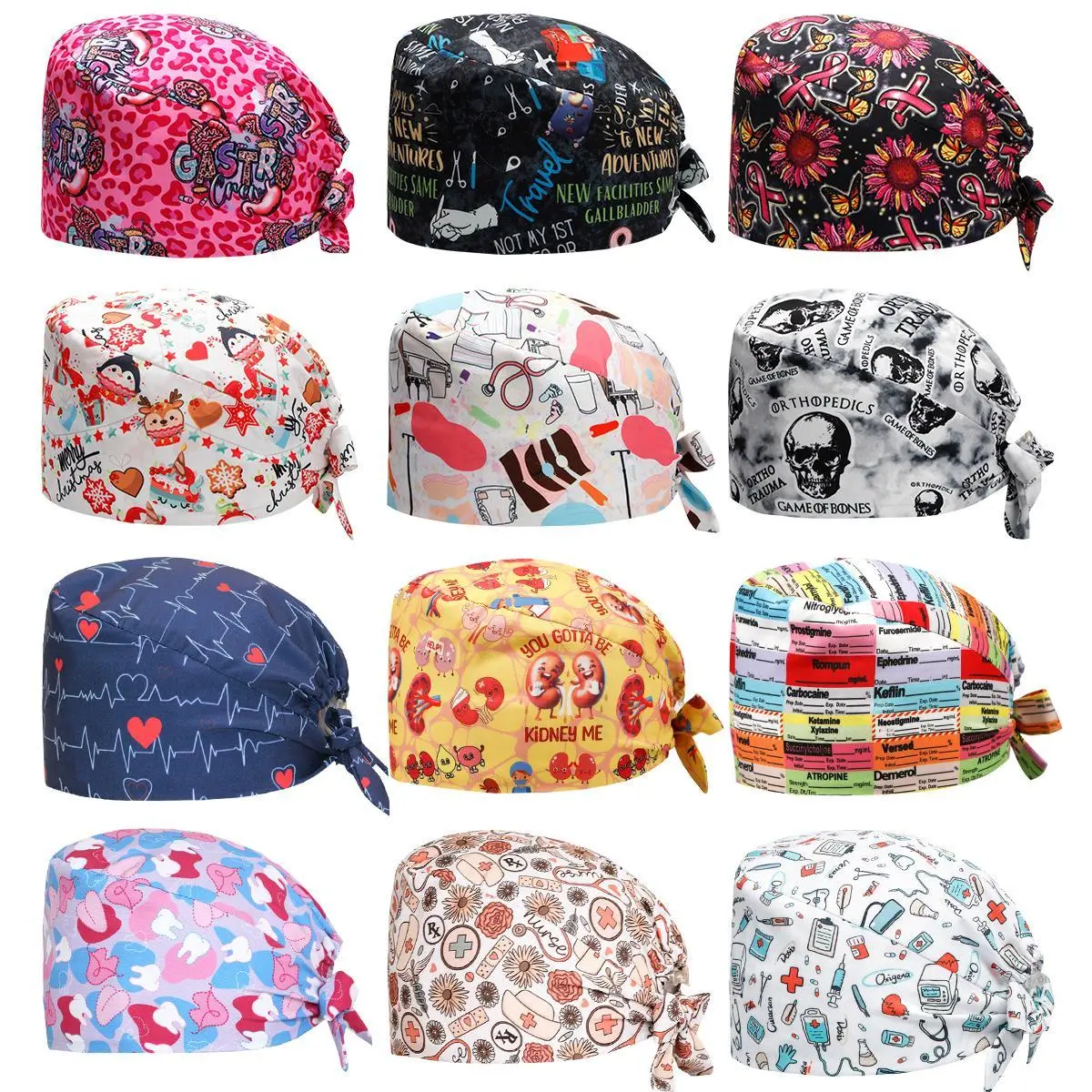 Stretch Pattern Nursing Cap for Women Men Adjustable Long Hairs Doctor Scrub Hat Tooth Pet Clinic Hospital Work Caps M1338