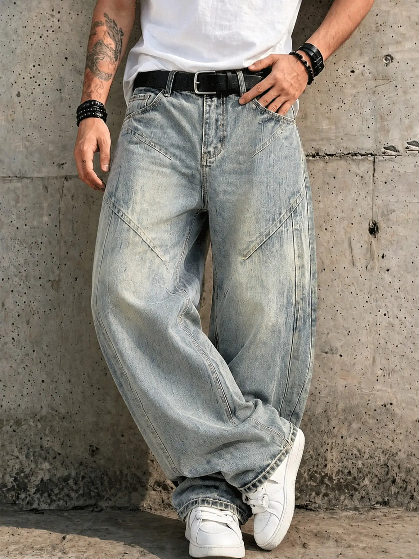Men’s Black Washed Jacquard Baggy Jeans with Curved Contrast Piping, Wide Leg Y2K Streetwear Denim Pants