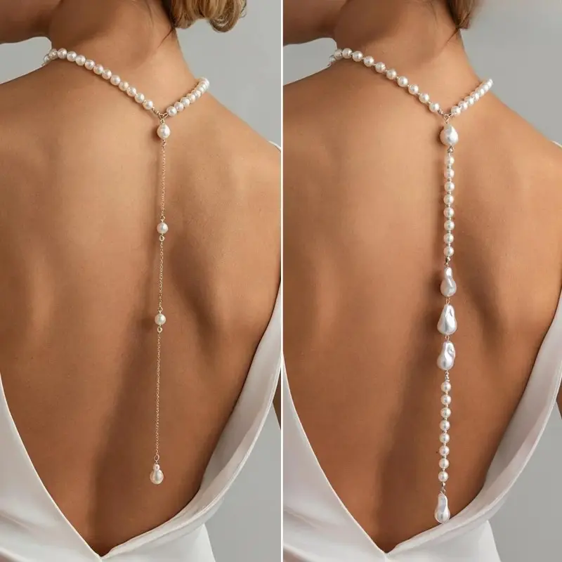 Women's PVC Pearl Y-Shaped Back Chain - Elegant Glamorous Baroque Long Drop Necklace, Accessories for Women for Bridal Wear, Casual Daily Bridal Wedding Anniversary Ceremony Statement Fashion Accessory, Faux Pearls, Necklaces, Unisex, Luxury, Pearls Neckl