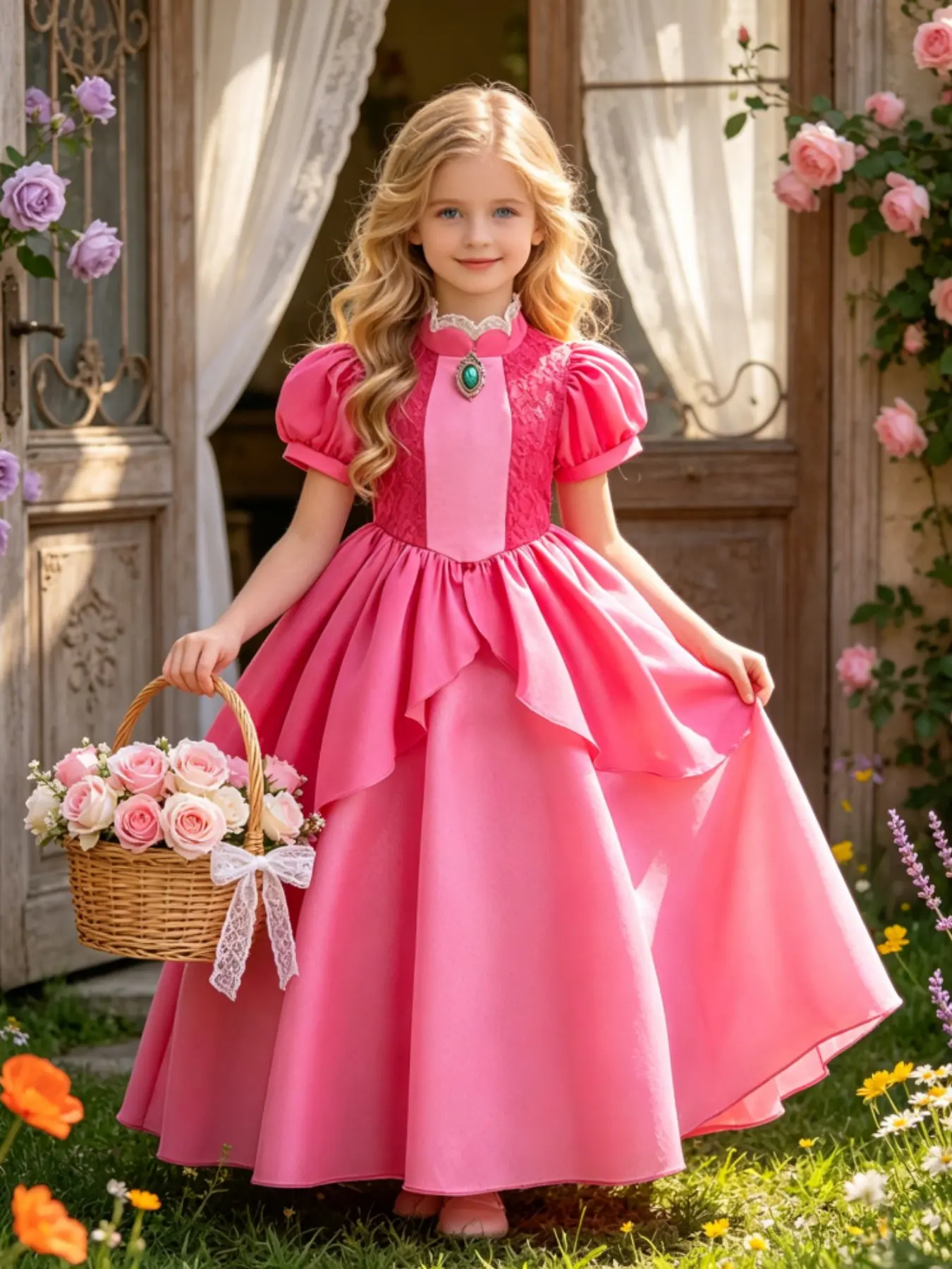 Girls' Princess Dress with Lace Paneling and Puff Sleeves Children's Princess Peach Costume Dress Dress Up Gown