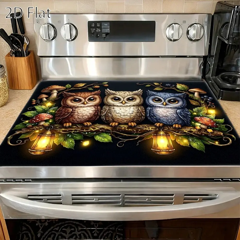 Cute owl pattern design rubber stove protective cover - heat-resistant, non slip, absorbent, easy to clean, oven mat, refrigerator mat, kitchen stove cover, suitable for surface protection of ovens, washing machines and appliances