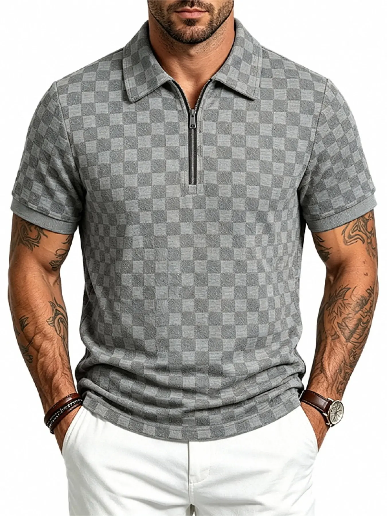 Men's Old Money Style Checkerboard Half-Zip Polo Shirt, Short Sleeve Jacquard Knit Top, Breathable Wrinkle-Resistant Casual T-Shirt, Slim Fit Plaid Blouse, for Daily Commute, Golf, Office & Summer Vacation, 4 Colors Available S-3XL