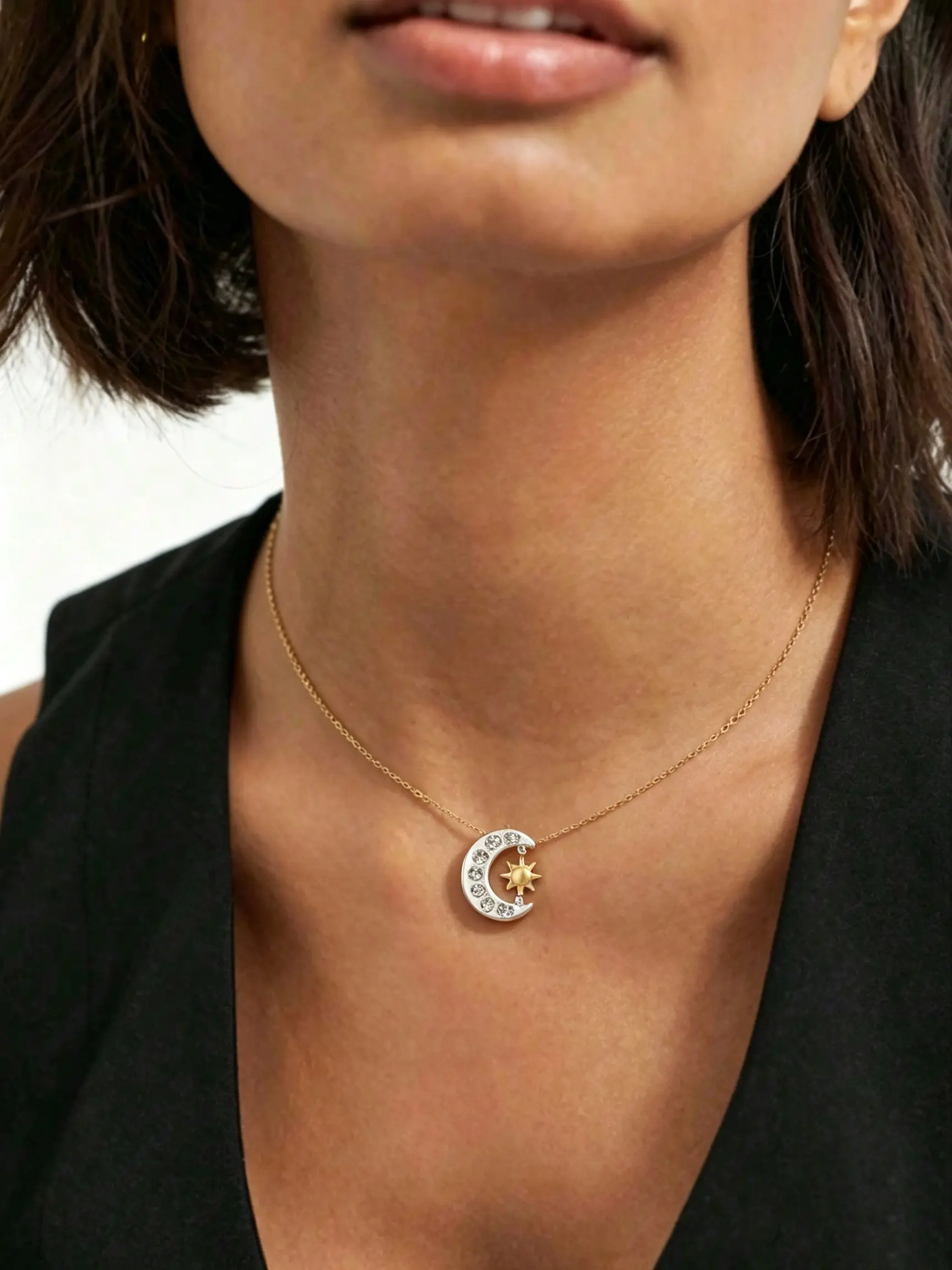 Two-Tone Gold Silver Celestial Necklace, Crystal Inlaid Crescent Moon With 3D Sun Star Thin Choker, Soft Minimal Neck Jewelry For Daily Office, Date & Vacation Outfits