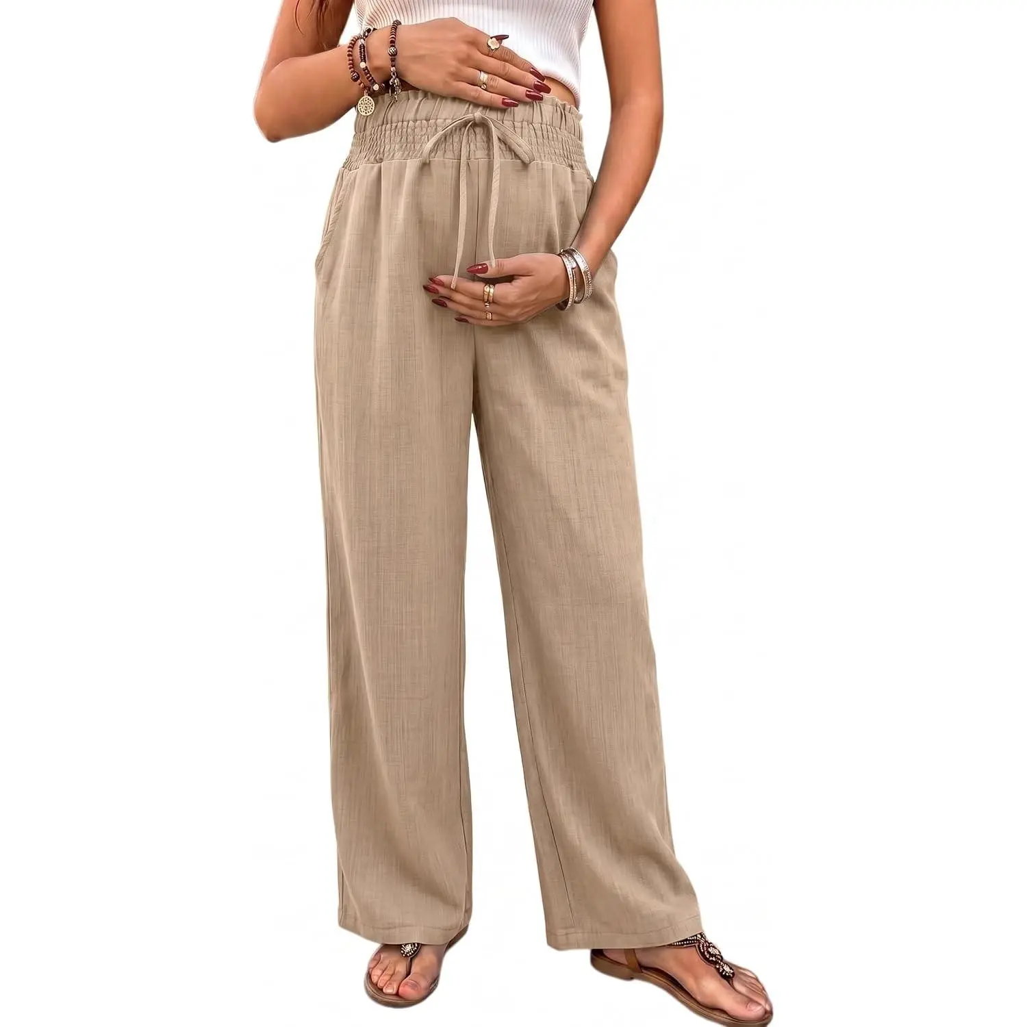 Maternity Pants Wide Leg High Waisted Flowy Pregnancy with Pockets | Fashion Plus Size Palazzo Pants For Business, Casual Summer Spring, Postpartum Outfits Work Trousers