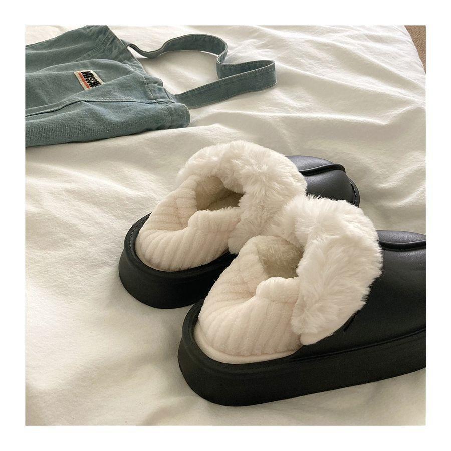 Crestar Winter Women Fuzzy Slippers New Outdoor Waterproof Cotton Shoes Warm Fluffy Home Slides Detachable Plush Cotton Slippers