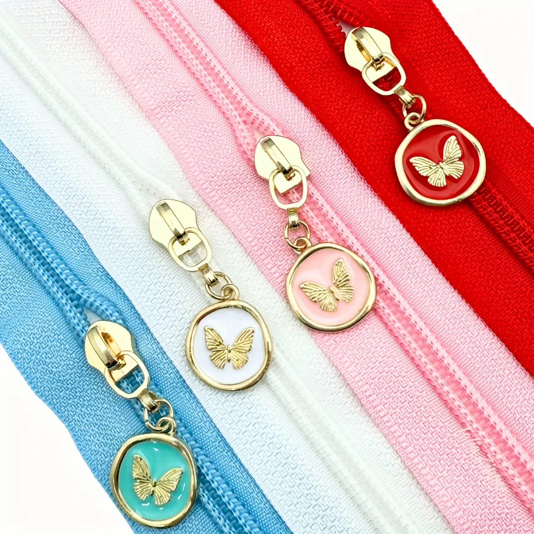 5 yards nylon zippers with 5pcs mixed-color nylon round butterfly zipper pulls, colorful butterfly round zippers suitable for sewing wallets, self-locking colorful zipper pulls ideal for dolls, perfect DIY sewing fastener accessories