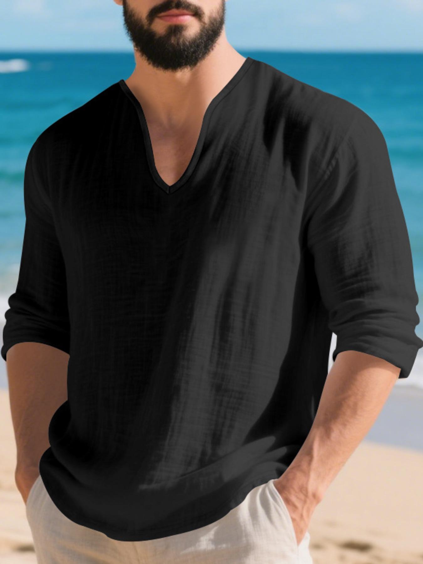 Men's V Neck Linen Shirt Casual Loose Fit Long Sleeve Top, Breathable Thin Fabric for Spring & Fall, Perfect for Beach Vacation