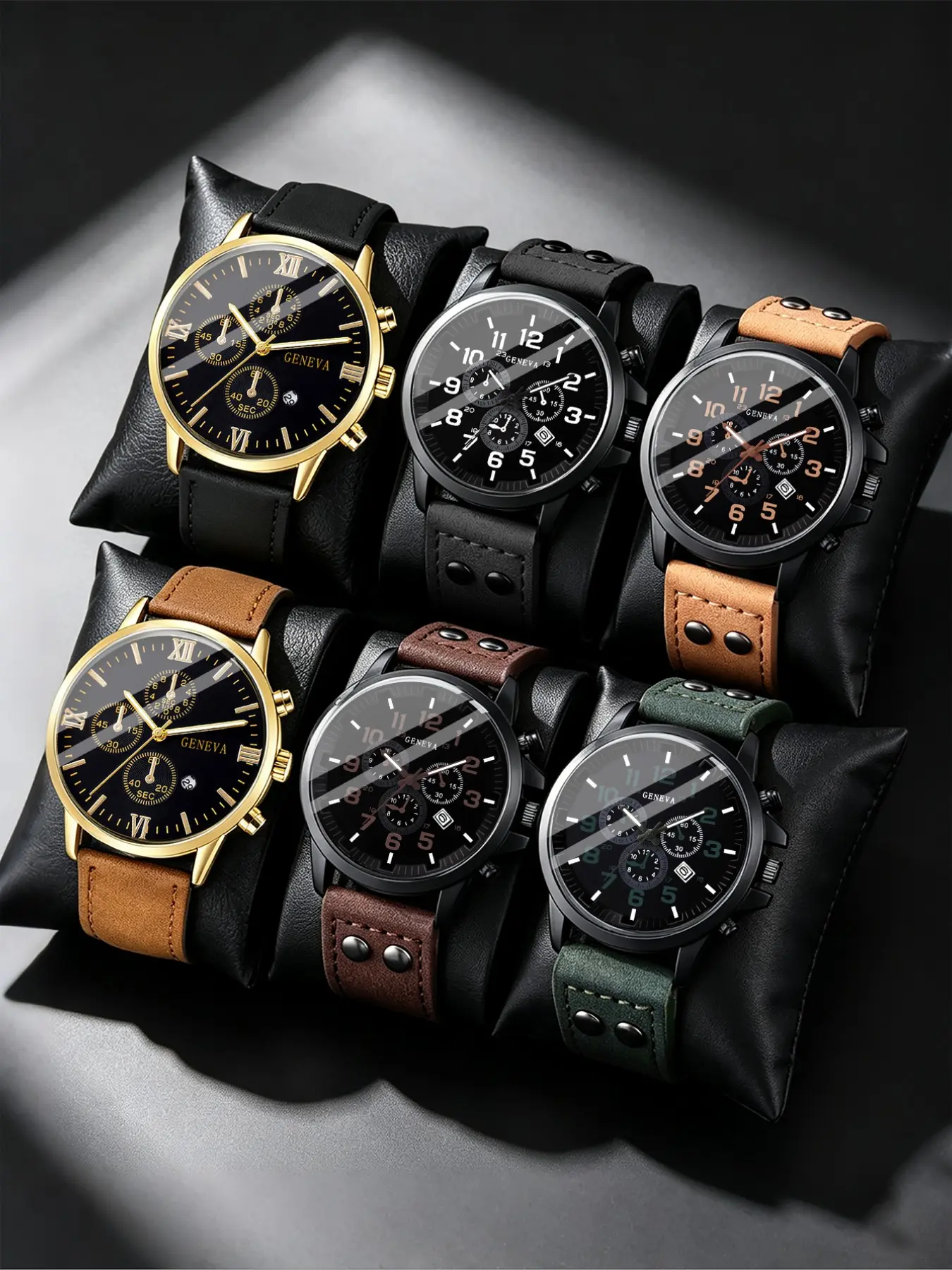 Men's Business Casual Watch Set, 6-Piece Analog-Digital Quartz, Blue Dial, PU Leather Strap, Folded Clasp, Ideal for Daily Wear & Sports