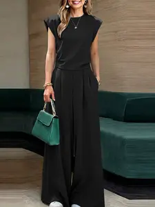 ZANZEA Women's Round Neck Sleeveless Short Top with Buttoned Back + Elastic Waist Wide Leg Pants Set, Two-Piece with Pockets