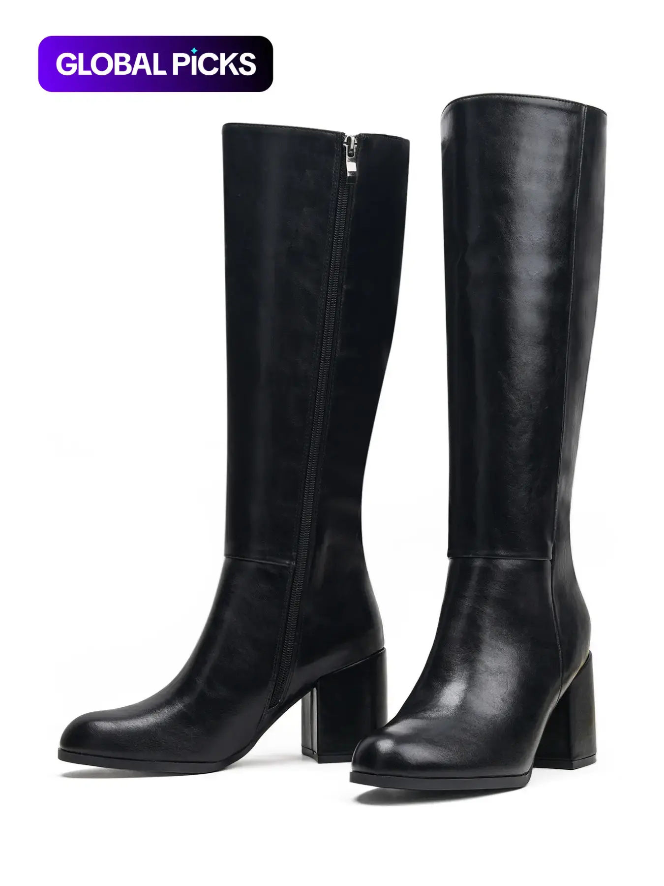 Women's High Heel Knee-High Boots, PU Leather Zipper Pointed Toe Block Heel Boots, Fall and Winter Fashion Boots with Zipper, Comfortable and Stylish, Perfect for Casual Wear #GLOBAL PICKS