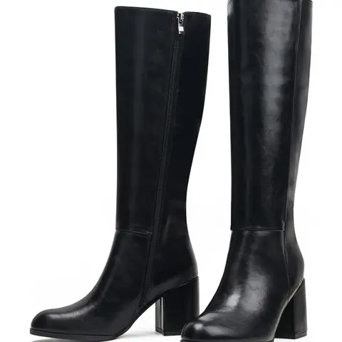 Women's High Heel Knee-High Boots, PU Leather Zipper Pointed Toe Block Heel Boots, Fall and Winter Fashion Boots with Zipper, Comfortable and Stylish, Perfect for Casual Wear #GLOBAL PICKS