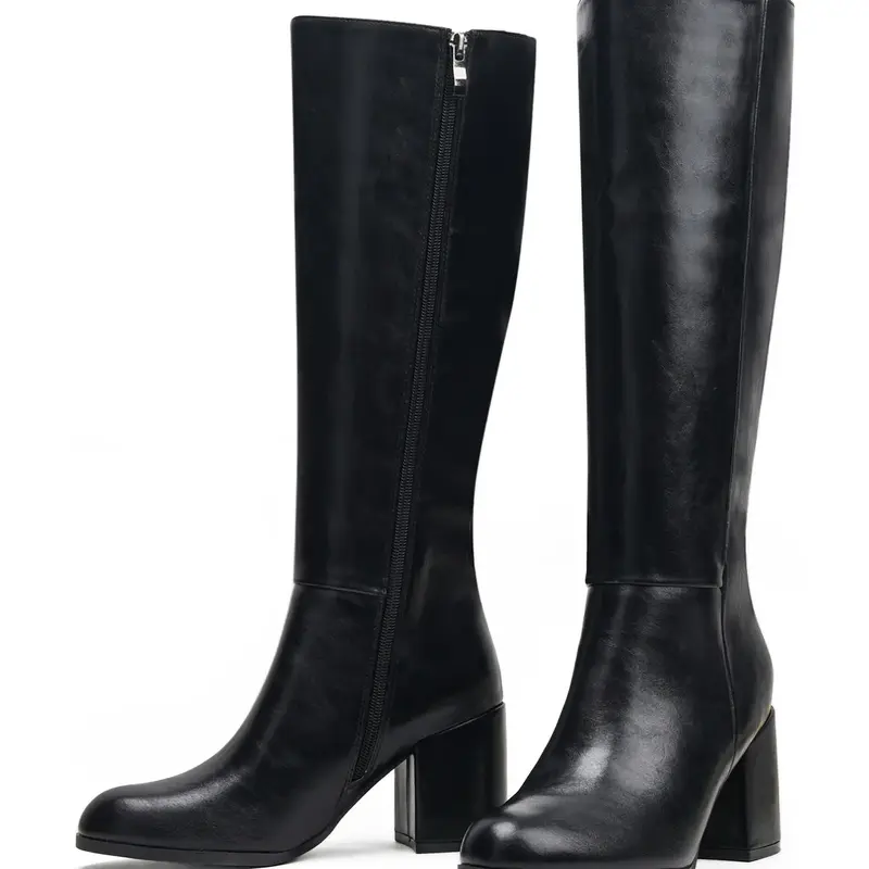 Women's High Heel Knee-High Boots, PU Leather Zipper Pointed Toe Block Heel Boots, Fall and Winter Fashion Boots with Zipper, Comfortable and Stylish, Perfect for Casual Wear #GLOBAL PICKS