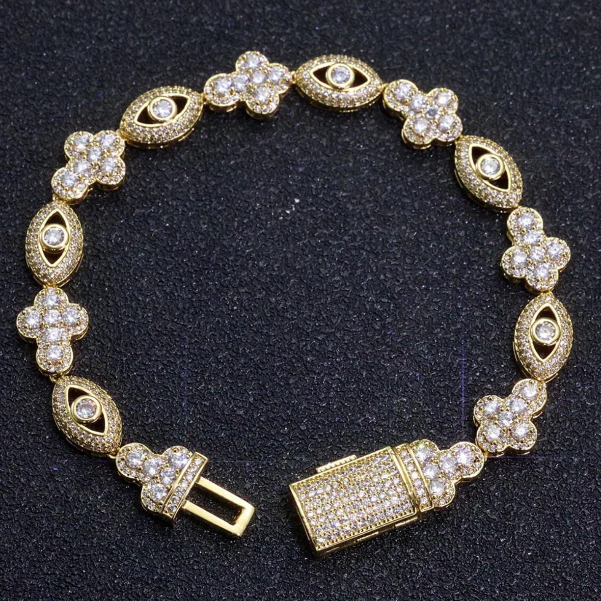 Eye Cross Cuban Chain Moissanite Bracelet S925 Silver Moissanite Hip Hop Jewelry Micro Pave Design Gift for Men Women