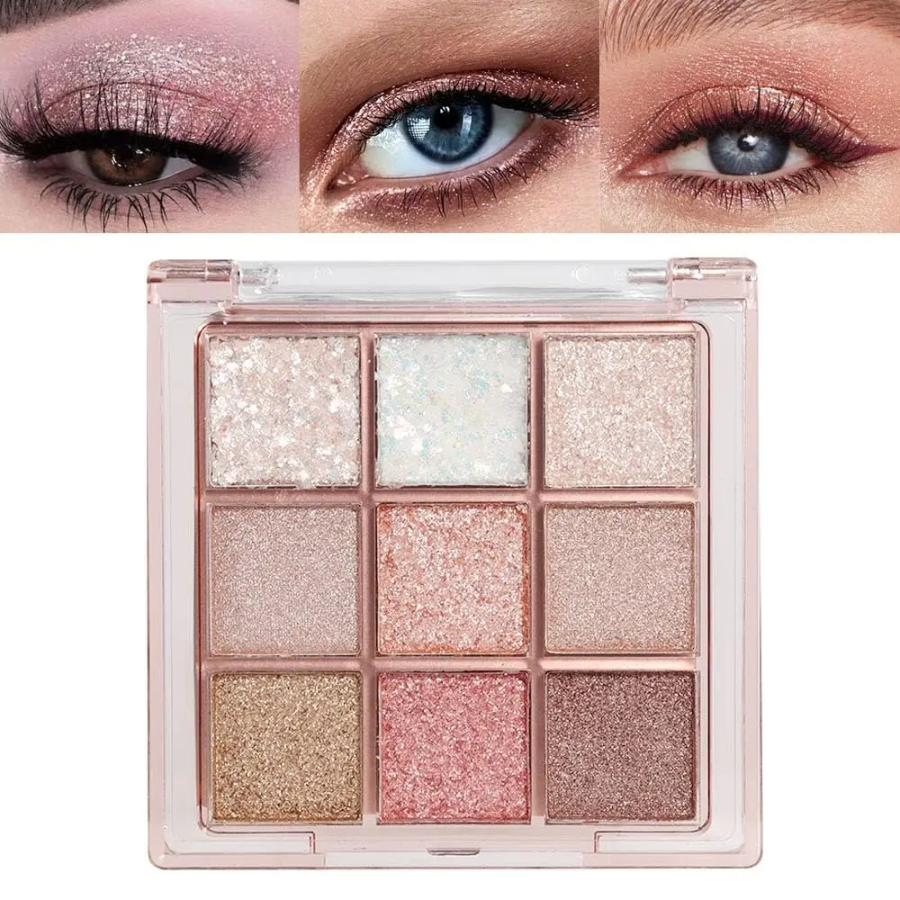 9 Colors Pink Glitter Shimmer Sparkly Eyeshadow Palette Long Lasting Waterproof Warm Pastel Eye Makeup for Women Girls