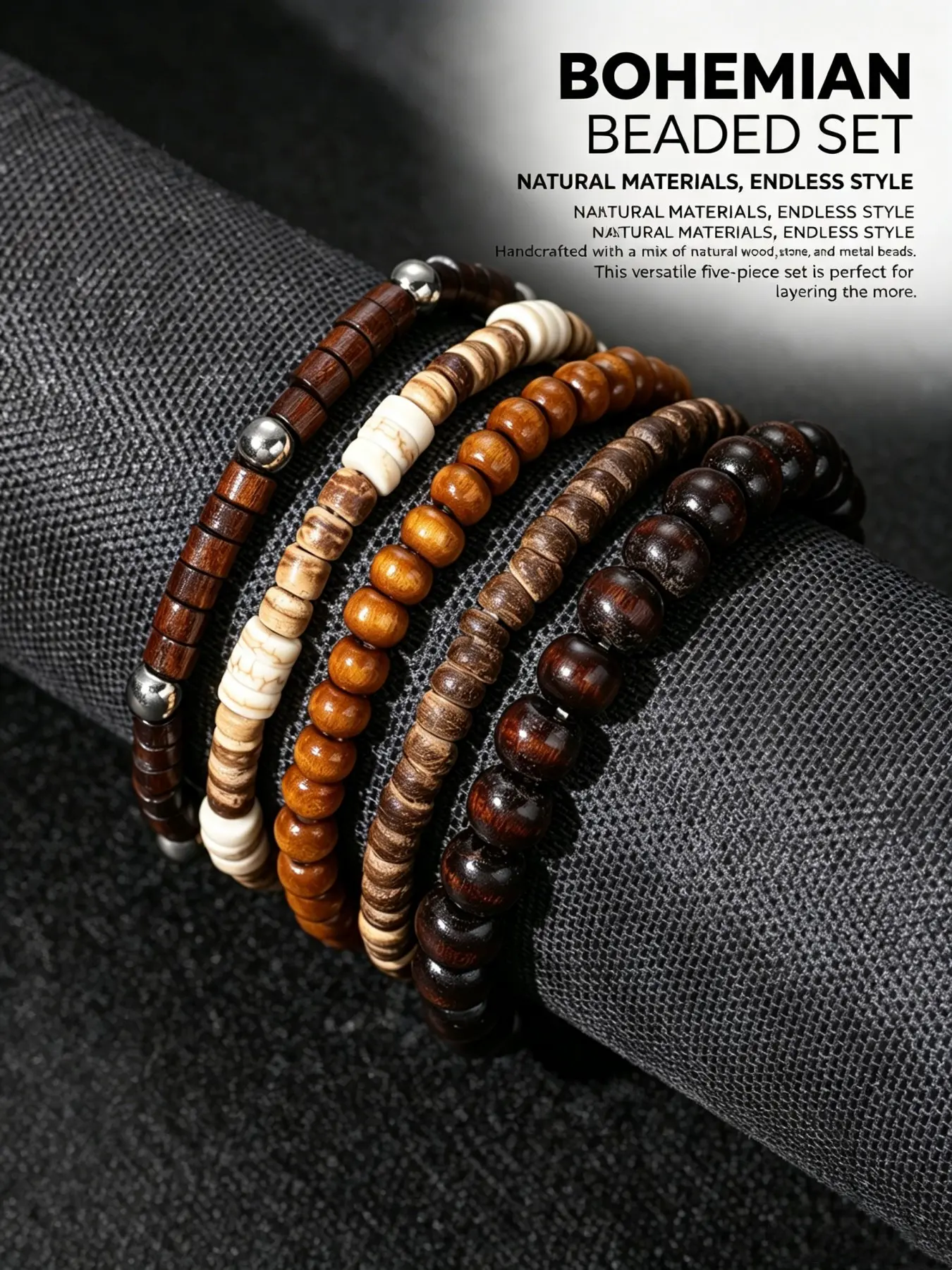 5PCS Men Minimalist Boho Natural Wood Bead Stack Bracelet, Beaded Bracelets, Vintage Light & Dark Wood Tube Slice Bead Wristband, Simple Street-wear Work-wear Couple Matching Jewelry Gift for Men Outdoor Daily Use