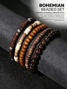 5PCS Men Minimalist Boho Natural Wood Bead Stack Bracelet, Vintage Light & Dark Wood Tube Slice Bead Wristband, Simple Street-wear Work-wear Couple Matching Jewelry Gift for Men Outdoor Daily Use