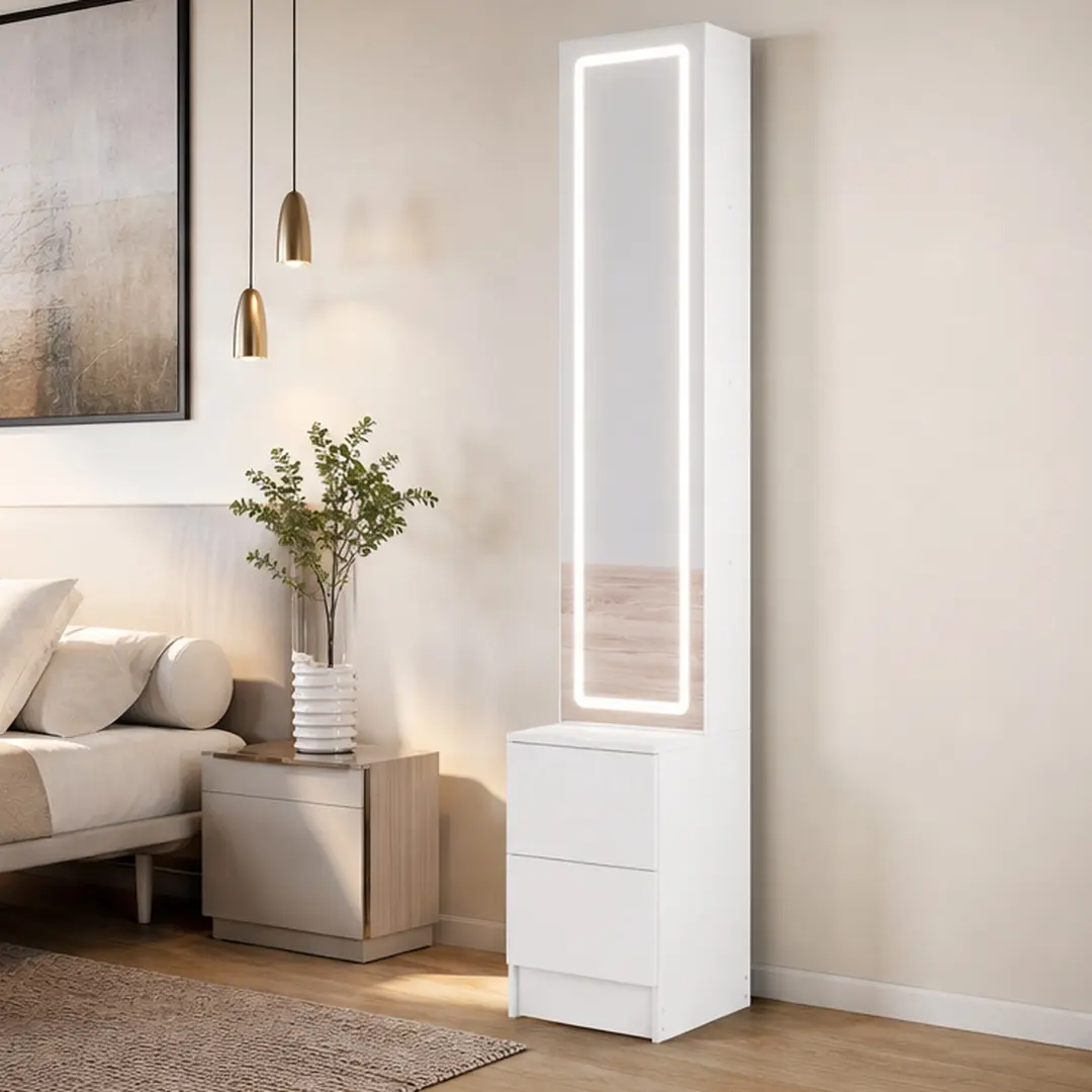 ARCH LED Dressing Mirror Cabinet with Lights, 63in Tall Cosmetic Organizer Jewelry Storage, Adjustable Brightness 3 Color Modes, Extra Large Mirror Multi Layer Shelves, White MDF Freestanding Vanity for Bedroom, White Color Options