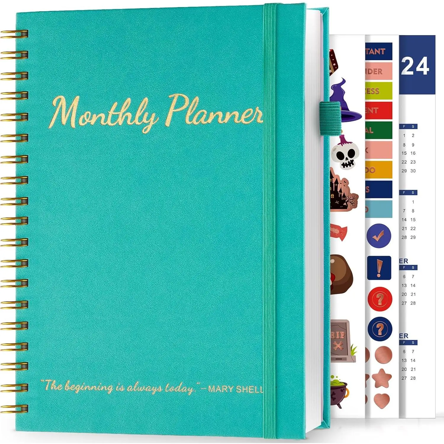 Undated Hardcover Monthly Planner (7"x10") - 30-Month Span (2025-2027) Vegan Leather Cover, Lined Pages, Sticker Set Included, Task Organization Tool for Women, Large-Size Office Stationery to Boost Productivity, Green, Undated Layout