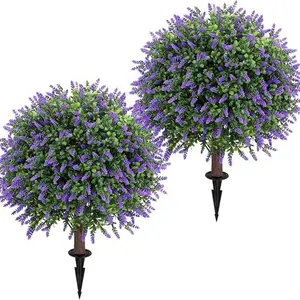 2 pieces of artificial lavender-shaped ball trees with ground sockets, two-piece set of artificial yew shrub imitation green plants suitable for indoor and outdoor porch and courtyard, imitation evergreen plants resistant to UV rays