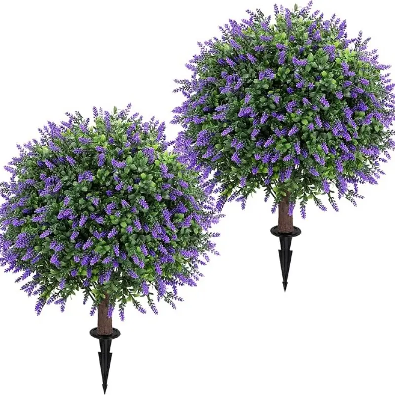 2 pieces of artificial lavender-shaped ball trees with ground sockets, two-piece set of artificial yew shrub imitation green plants suitable for indoor and outdoor porch and courtyard, imitation evergreen plants resistant to UV rays