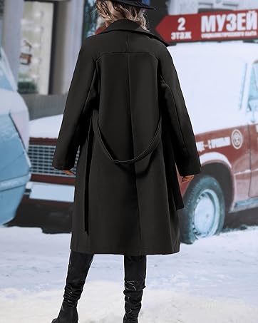 Danedvi Women Elegant Wool Pea Coat Lapel Collar Double Breasted Mid-Long Winter Overcoats with Belted Pockets