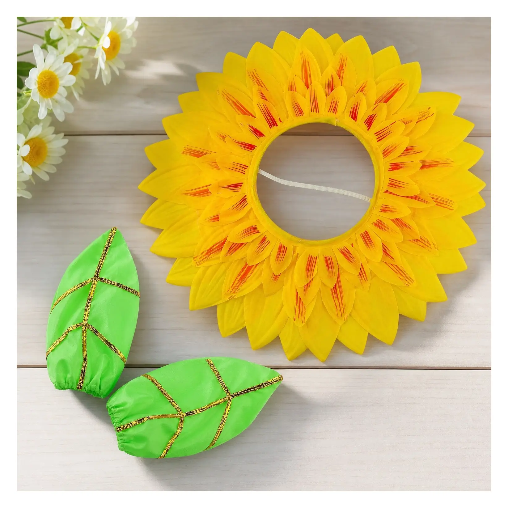 Halloween Sunflower Costume for Women, 22.8" Flower Cosplay with Yellow Headgear and 2 Green Leaf Gloves, Halloween Party Dress Up Accessories, GiftGift