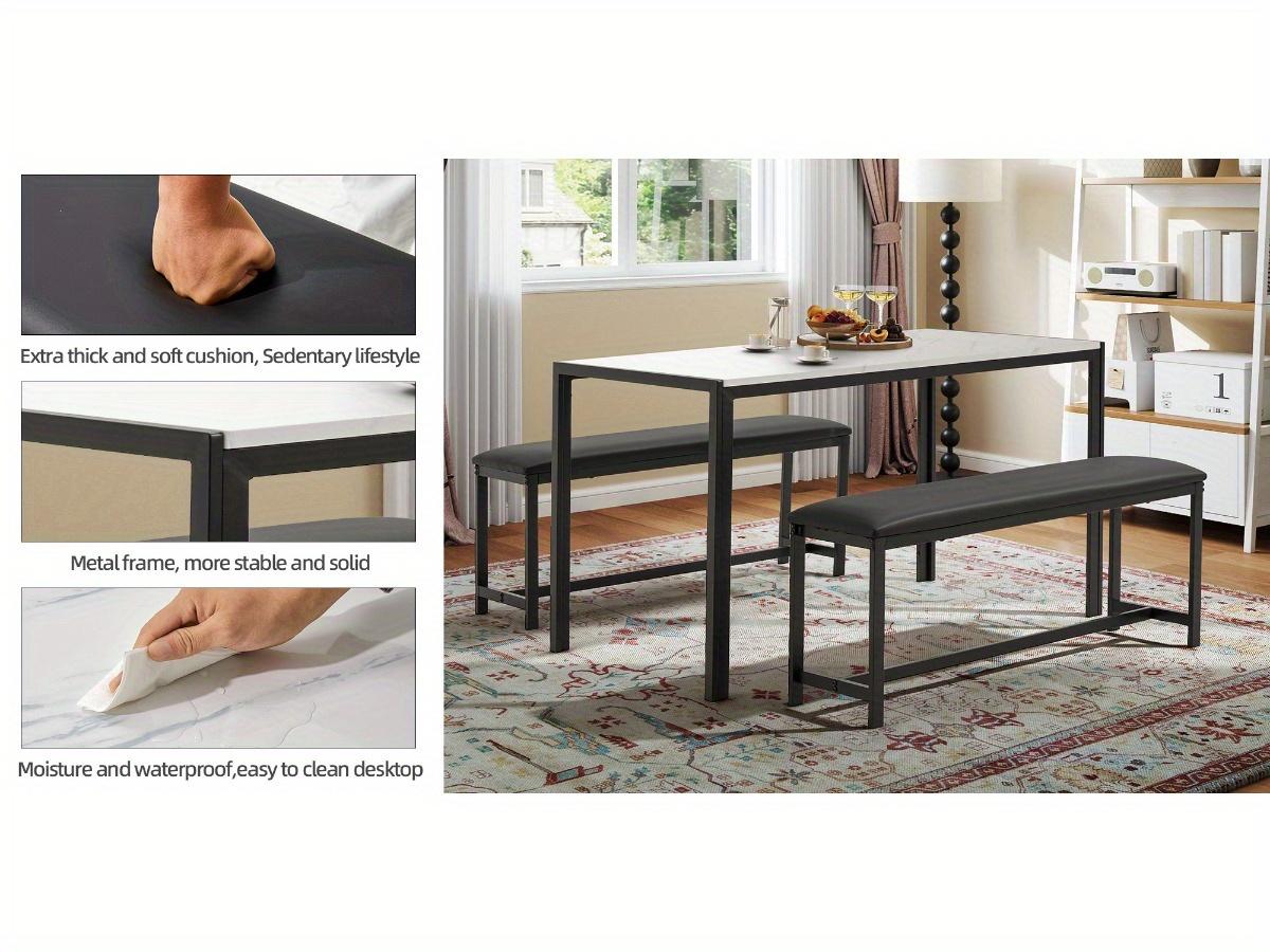 Marble Dining Table Set for 4 with Faux Marble Top and PU Leather Upholstered Benches, 3 Piece Dining Set for Small Spaces, Kitchen Table with Bench, Space-Saving Design Marble Dining Table Set for 4 with Faux Marble Top and PU Leather Upholstered Benches, 3 Piece Dining Set for Small Spaces, Kitchen Table with Bench, Space-Saving Design