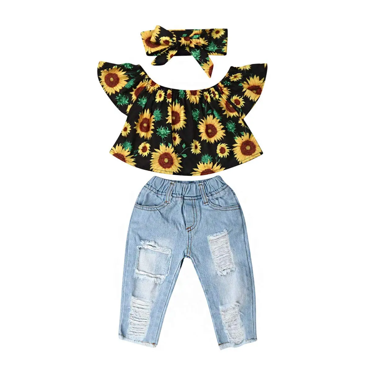 Baby Girl Clothes 6 12 18 24 Months 2T 3T 4T Outfits for Toddler Ruffled Boat Neck Sunflower T-shirt Top + Ripped Jeans Pant + Floral Headband Set