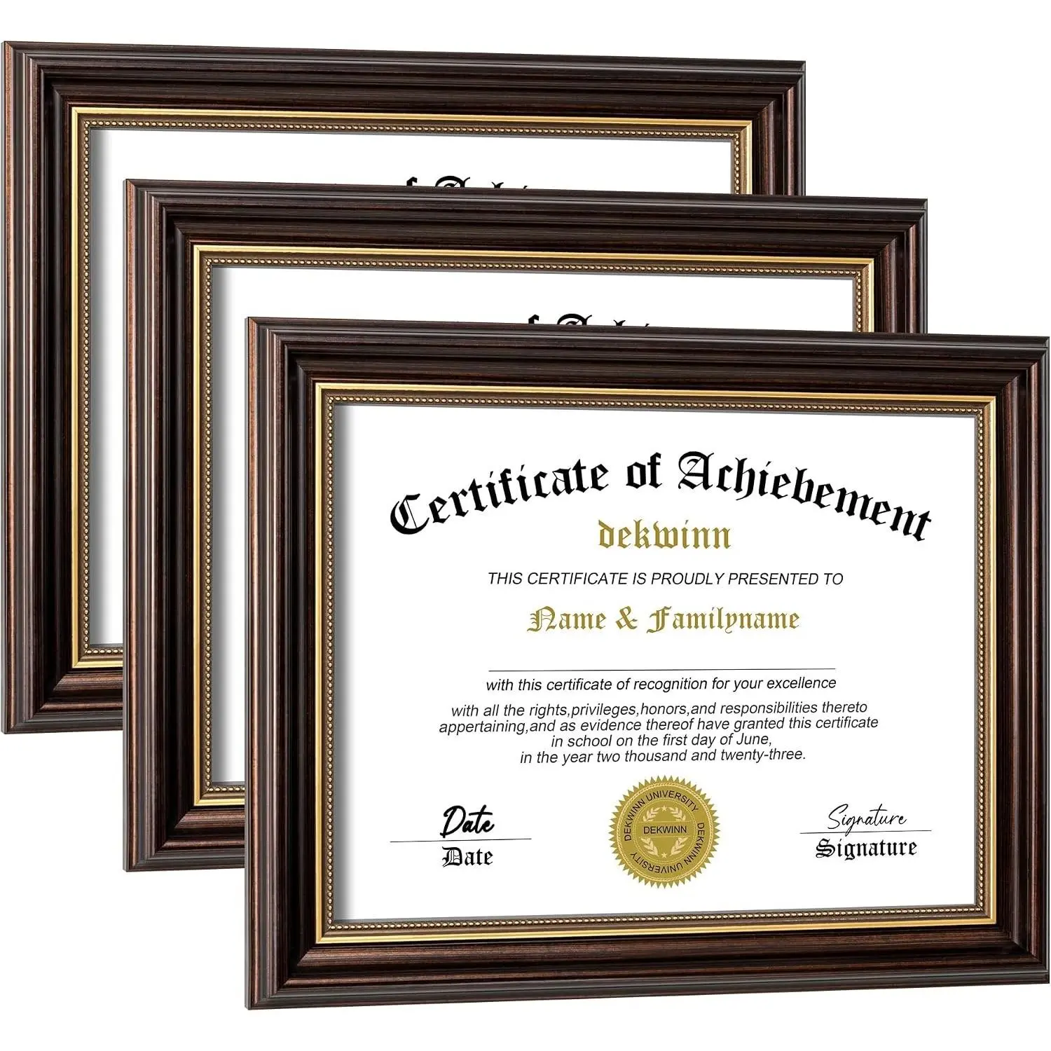 8.5x11 Diploma Photo Frame Pack of 3, Reddish Brown-Gold Trim, Real Glass, Wall Gallery Display or Tabletop Use, No Mat, Ideal Gift for Certificate Document Display, Gallery Wall