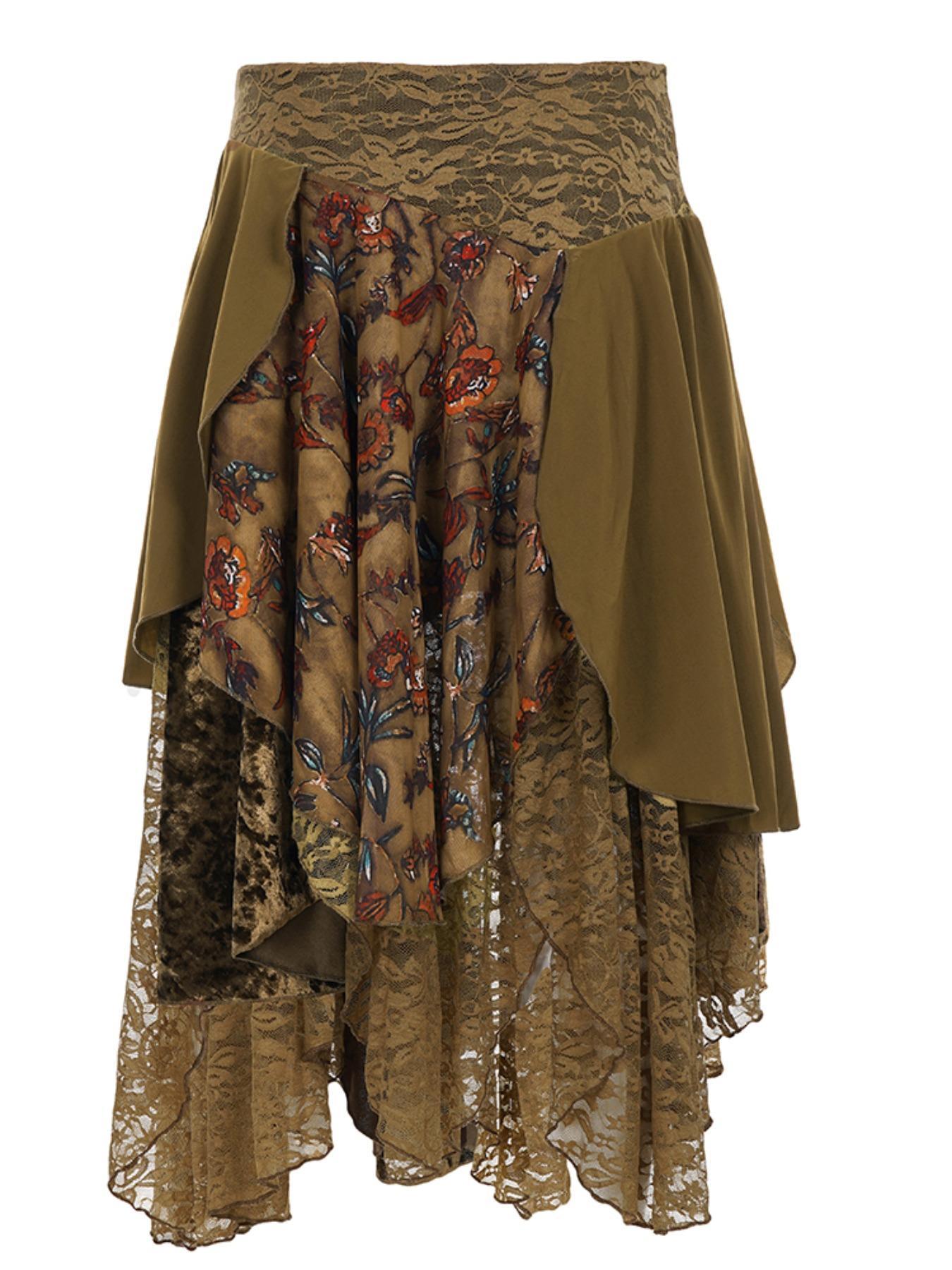 Women's Floral Lace Skirt, Vintage Sweet Skirt, Retro Asymmetrical Skirt, Boho Casual Skirts for Daily Wear, Ladies Bottoms for All Seasons