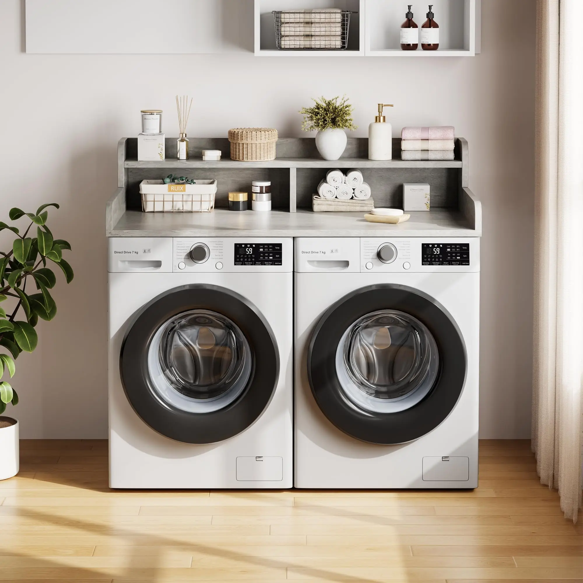 GARVEE 54" Washer Dryer Countertop with 2-Tier Shelf, Wooden Laundry Countertop with Non-Slip Pad and Guard Rails, Washer and Dryer Topper for Laundry Room Organization