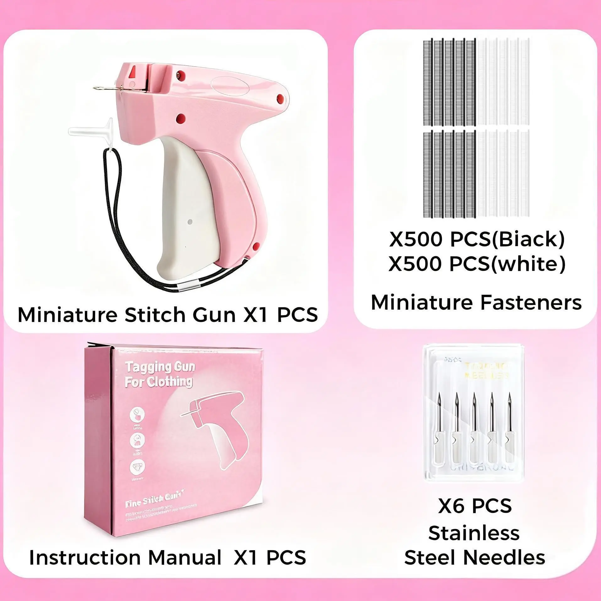Handheld Tag Attacher Gun Kit - Compact Hard Plastic Handheld Sewing Machine, 1 Gun, 6 Needles, 1000 5mm Barb Fasteners for Retail Price Tagging, Fabric Fixing