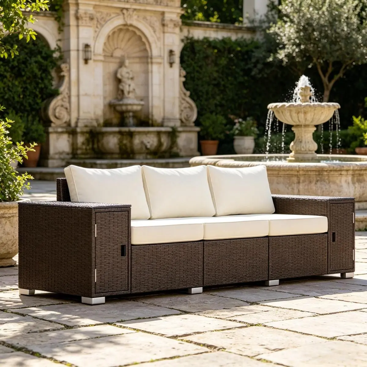 AobtkelComfortable Garden Sofa,Patio Sofa,3 Seater Wicker Outdoor Couch On-Site