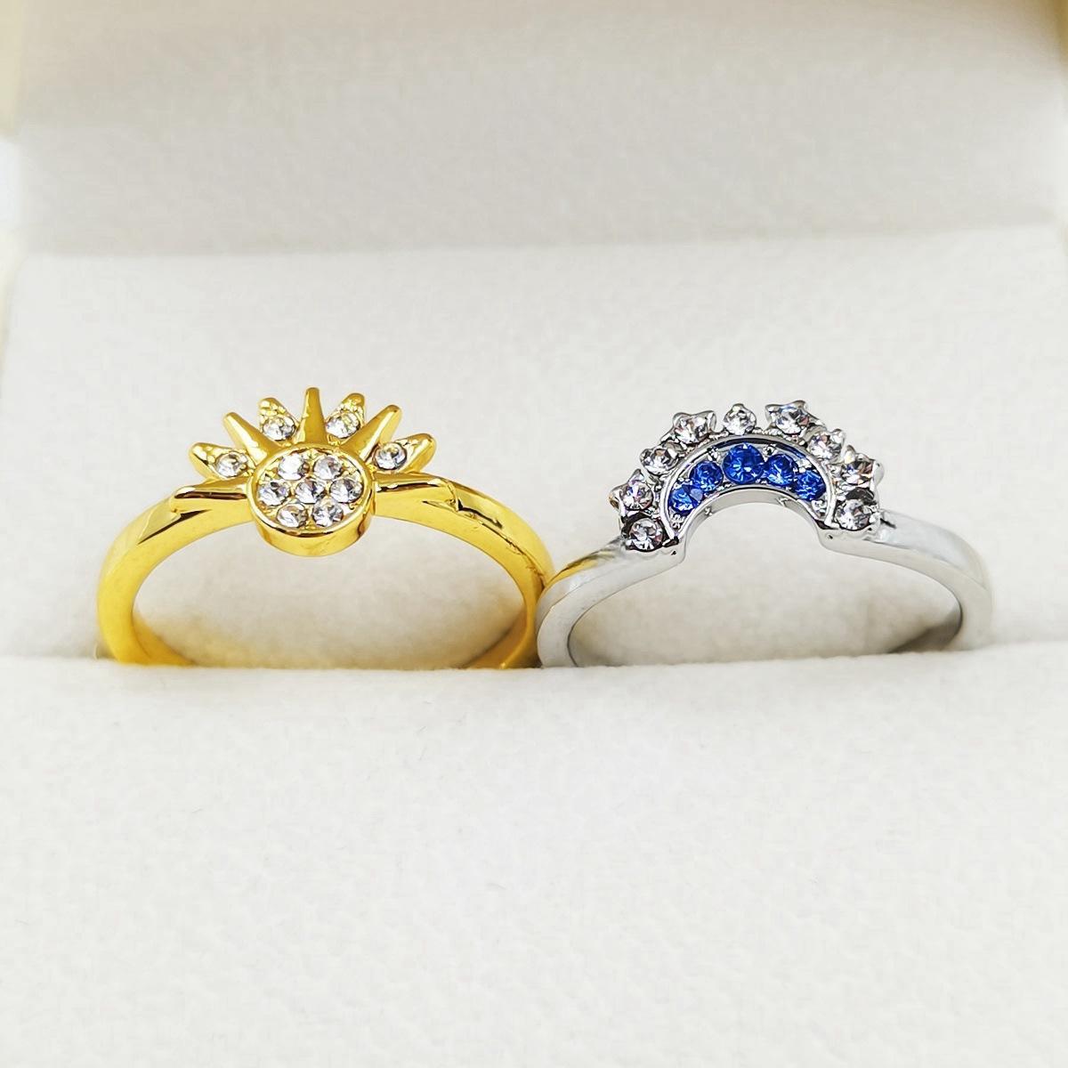 European American Simple Shiny Sun Moon Blue Inlaid Crystal Celestial Couple Stackable Ring Set
