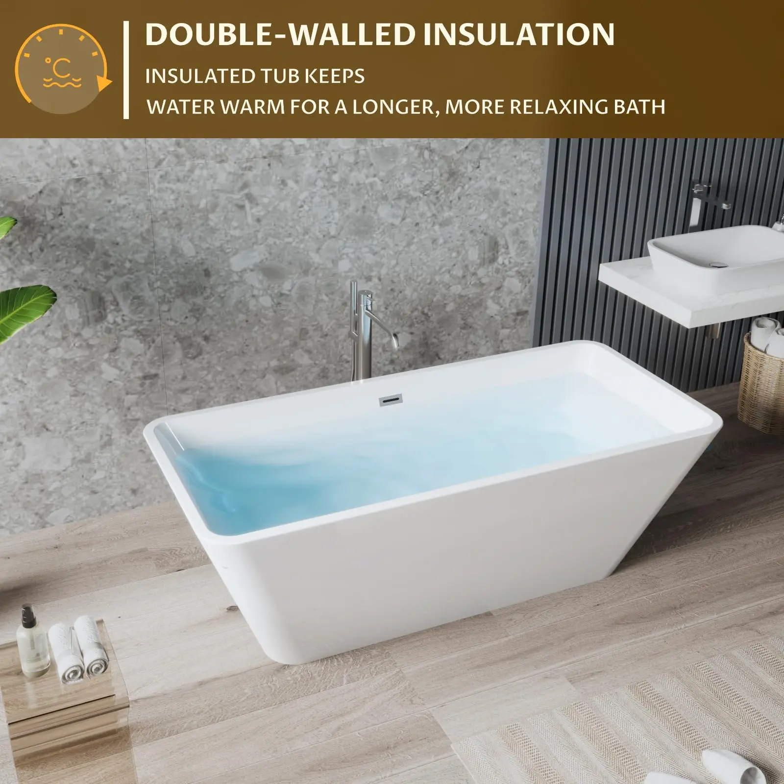 Freestanding Bathtub, Deep Soaking Tub with Non-Slip Base, Acrylic, CUPC Certified Free Standing Tub, Chrome Drain Bath Tub