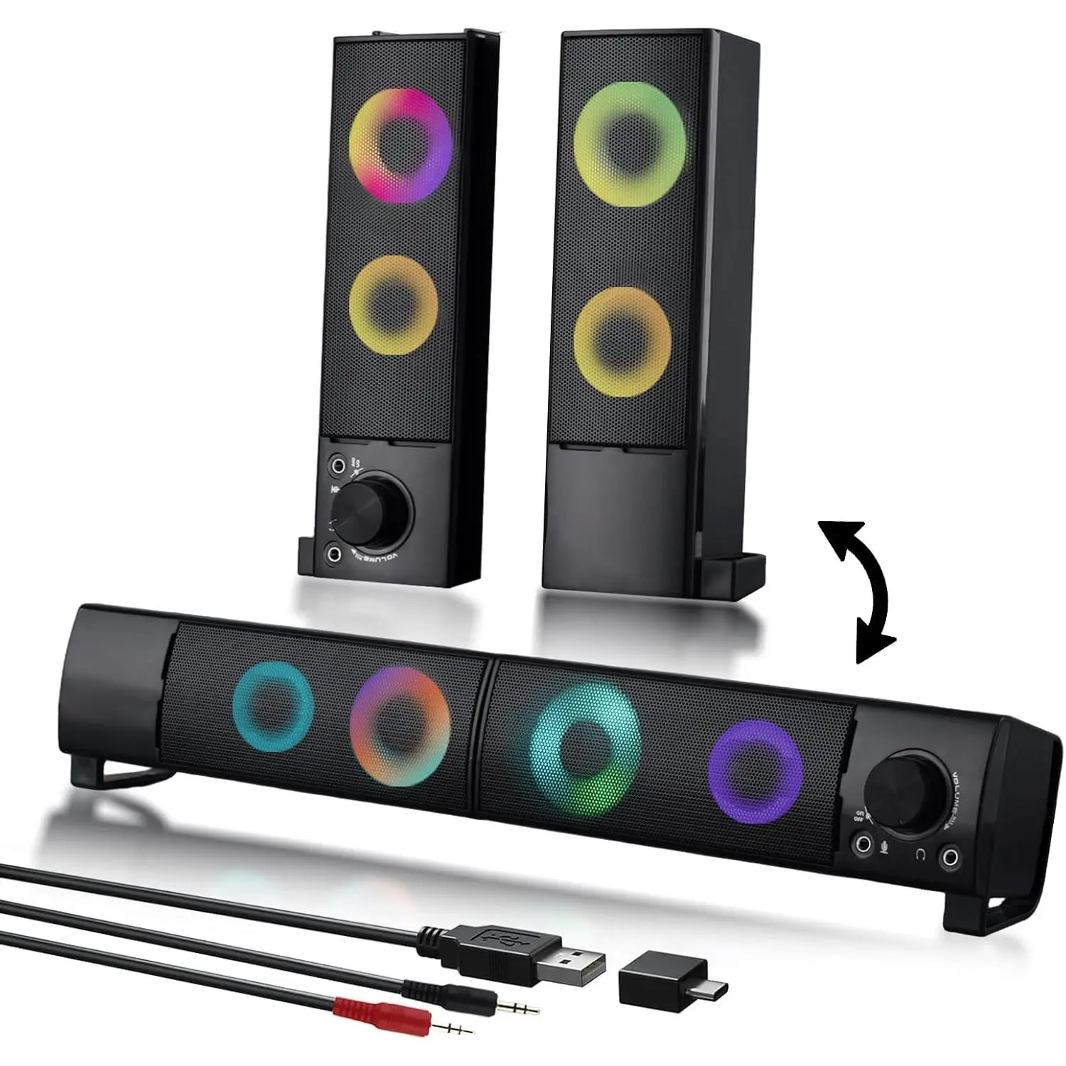 Wired Computer Speakers Designed for Desktop Devices USB Plug-and-Play Clear Sound with RGB Lighting Features Volume knob Ideal Gaming Speakers for Computers, laptops, Phones, and Tablets