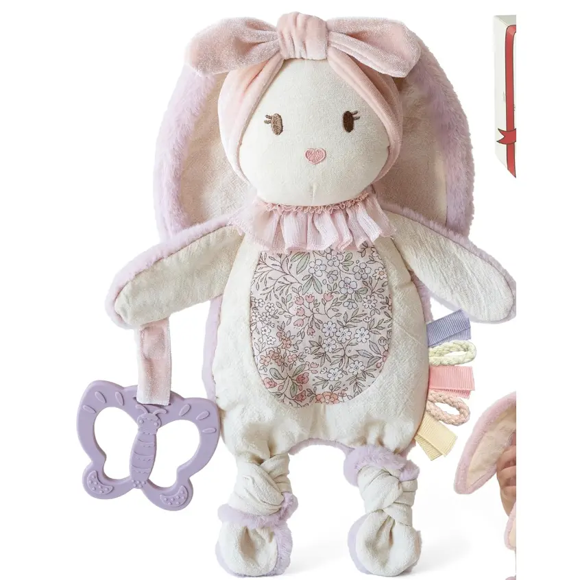 Baby Lovey with Silicone Teether, Bunny Security Blanket with Textured Ribbons, Crinkle Toys, Soft Minky Velour & Natural Cotton, Newborn Girl Gift for Baby Shower or Birthday