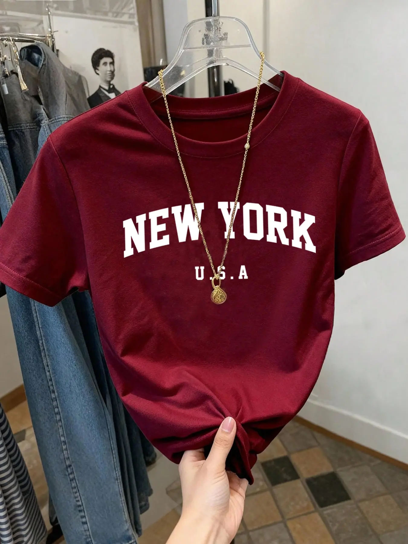 Women's New York Letter Print Round Neck Short Sleeve T-Shirt, Casual Athleisure Tee, Casual Sporty Streetwear Top, Soft Comfortable Fabric, All Seasons
