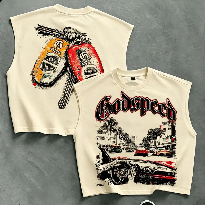 Unisex Godspeed Gothic Double Sided Graphic Sleeveless T-Shirt, Coconut Grove Street Scene Sports Car & Retro Car Key Back Print, Loose Heavyweight Top for Summer Holiday Party Streetwear