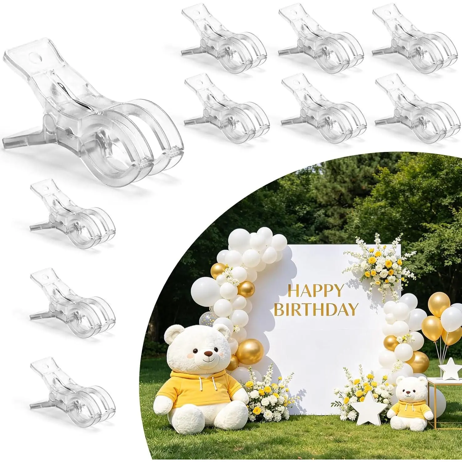 10 Pack Balloon Arch Clips Kit, 3.5" Heavy Duty Transparent Plastic Spring Clamp Holder, Clear Towel Clip for Backdrop Stand Birthday Wedding Decoration Craft Photography Studio (10, Clear)
