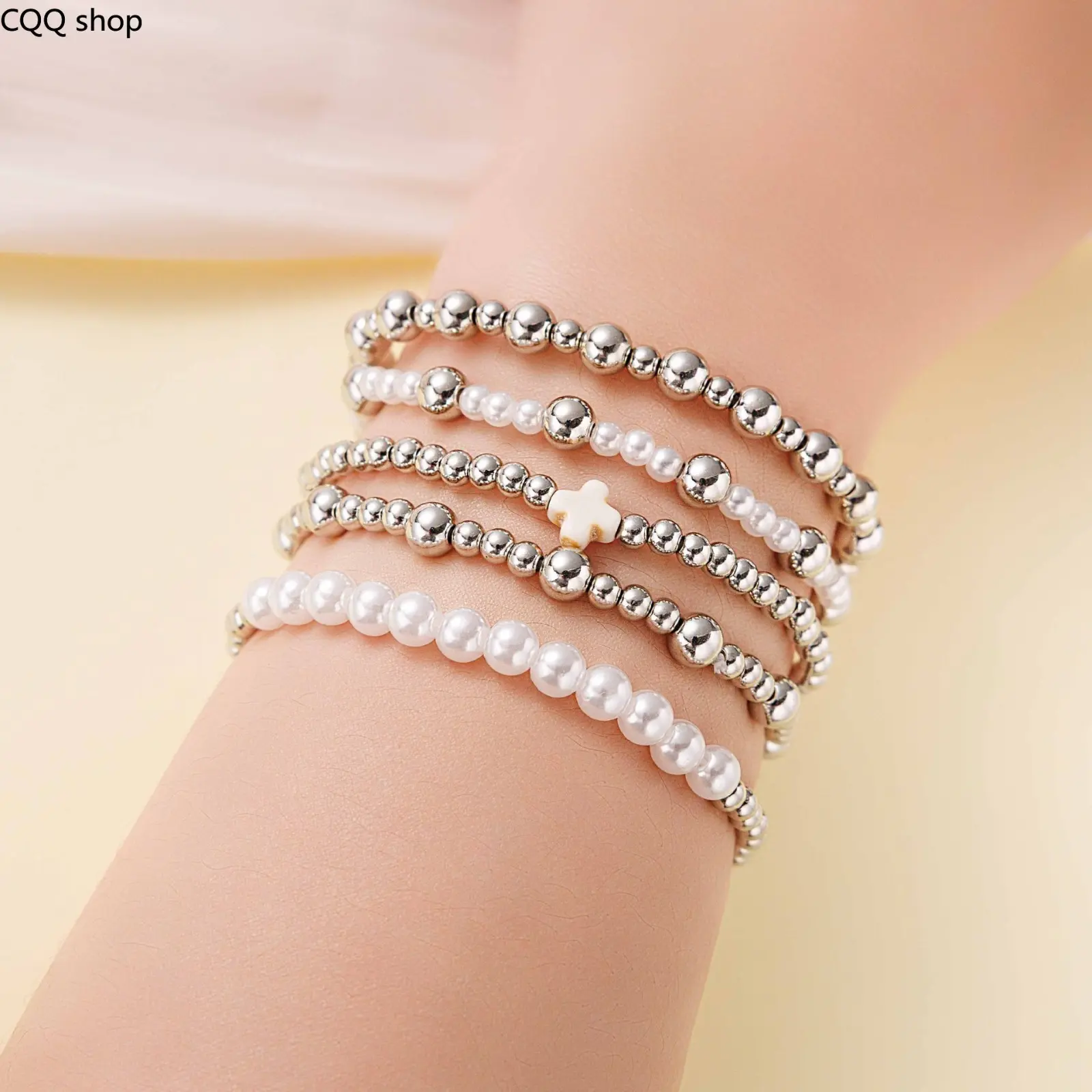 Women's Stretch Beaded Wristband Set (5-Piece) - Turquoise Cross, Pearl, CCB Beads, Trendy Stackable Wrist Jewelry for Daily Casual, Vacation Outfits