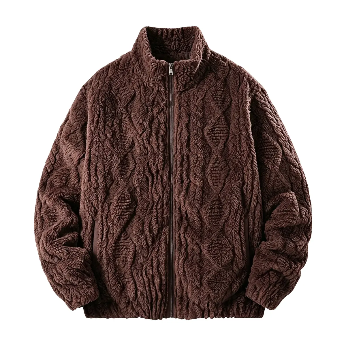 Men Diamond Textured Stand Collar Zip Up Sherpa Fleece Jacket, Warm Fluffy Plush Outerwear, Loose Casual Street Coat for Autumn Winter Daily Fashion Outfits