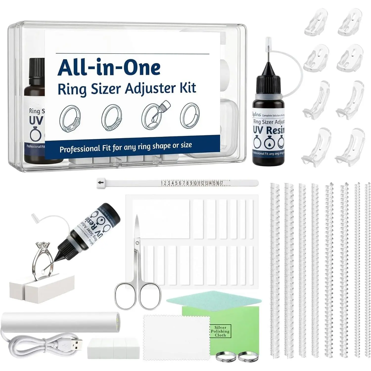 Ring Sizers for Loose Rings,  Ring Adjuster Ring Guards for Women Loose Rings - Invisible Ring Size Adjuster Kit with UV , UV Lamp,  Spirals & Clips, Fits Any Rings