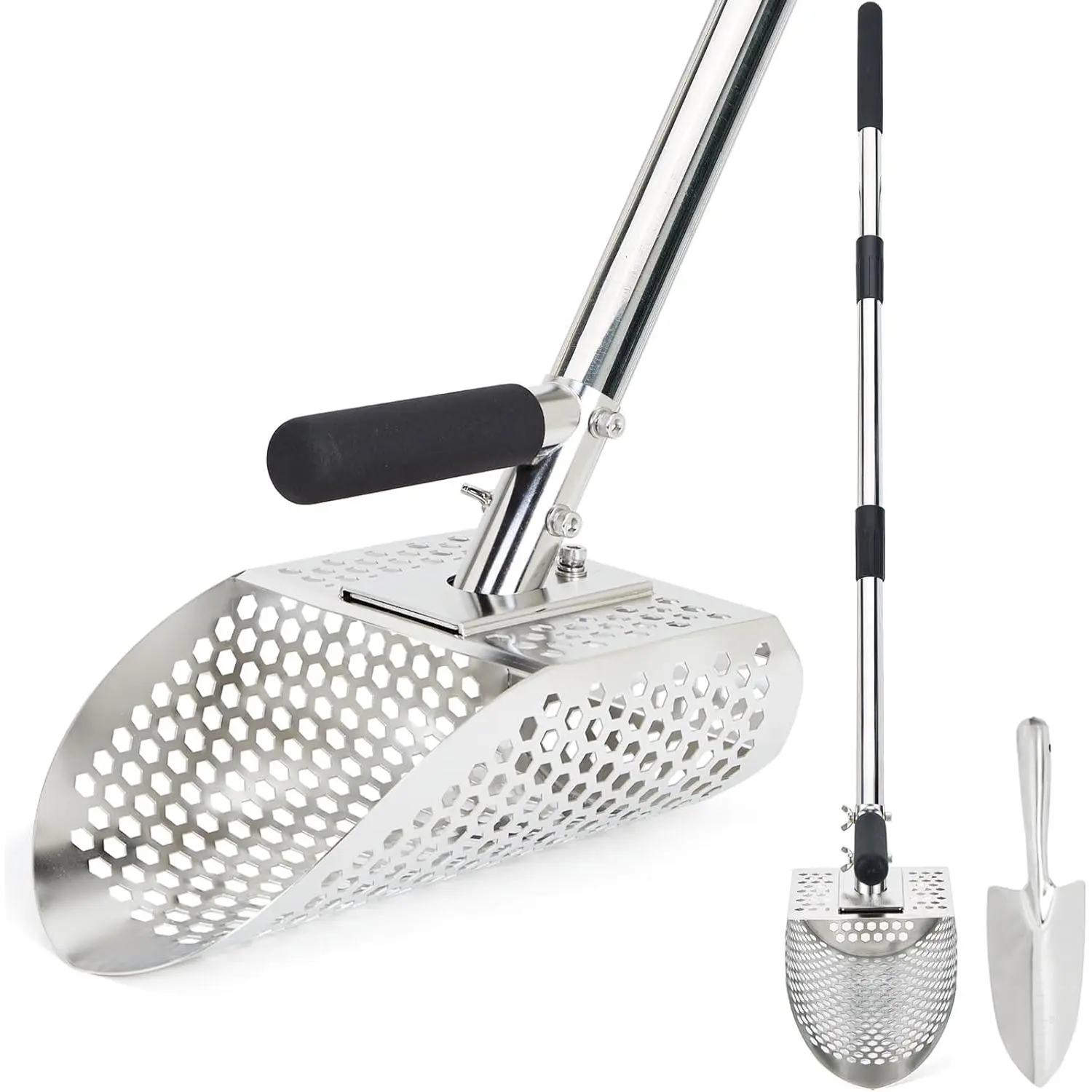 Sand Scoop for Metal Detecting, Stainless Steel Metal Detector Scoop with Long Steel Handle, Sand Sifter for the Beach, Metal Detector Accessories, Metal Detecting Shovel, Sand Flea Rake for Beach