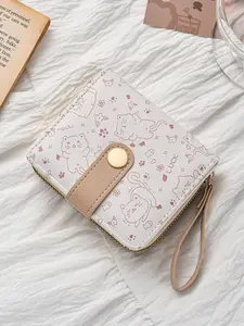 Cute Cartoon Wristlet Wallet with Zipper Pocket, PU Material, Multi-Functional Short Wallet, ID Window, Card Slot, All Seasons