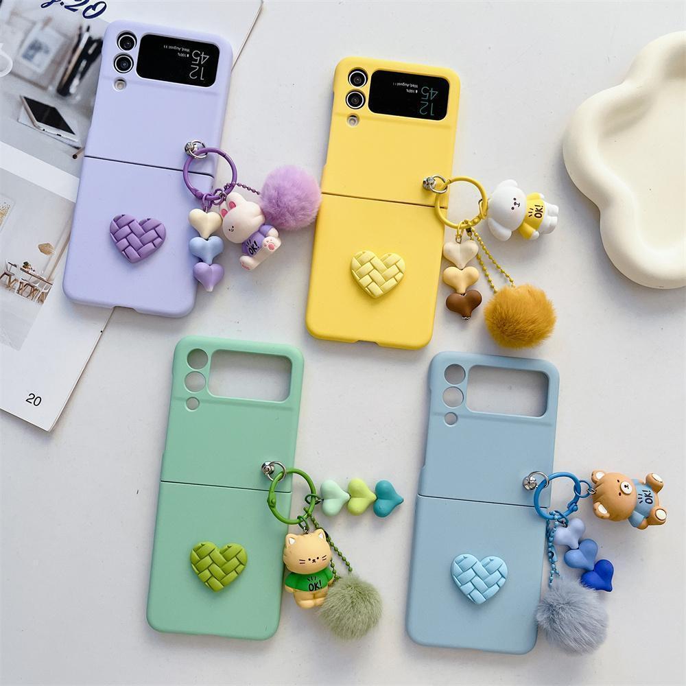 For Galaxy Z Flip6 Cartoon Bear Plush Heart Folding Case for Samsung Z Flip7 Zflip5 Z Flip 3 4 5 6 7 Slim Cover with Lanyard