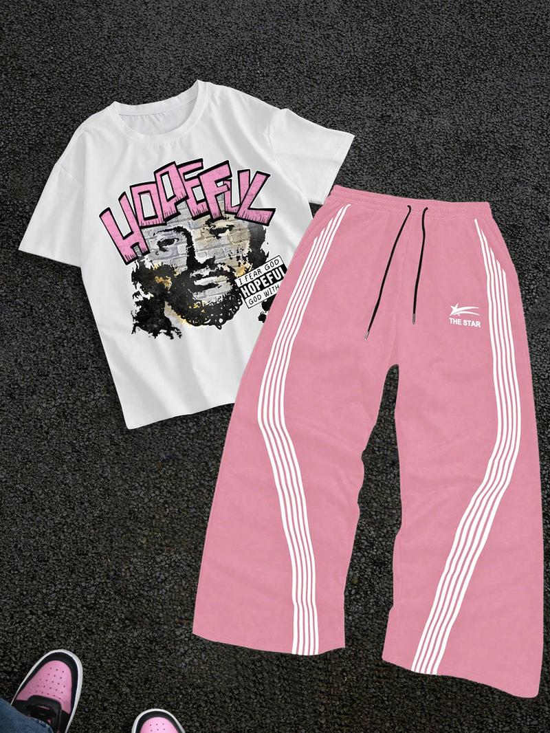 Men's Letter Print Short Sleeve Graphic Tee & Side Stripe Drawstring Waist Pants Two-piece Set, Regular Fit Round Neck T-shirt & Pocket Trousers, Casual Fashion Cozy Breathable Men Outfits for Spring & Fall